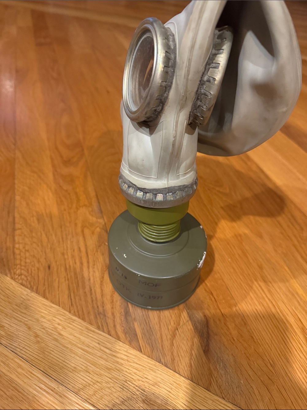 Vintage Military-Style Gas Mask with Olive Canister